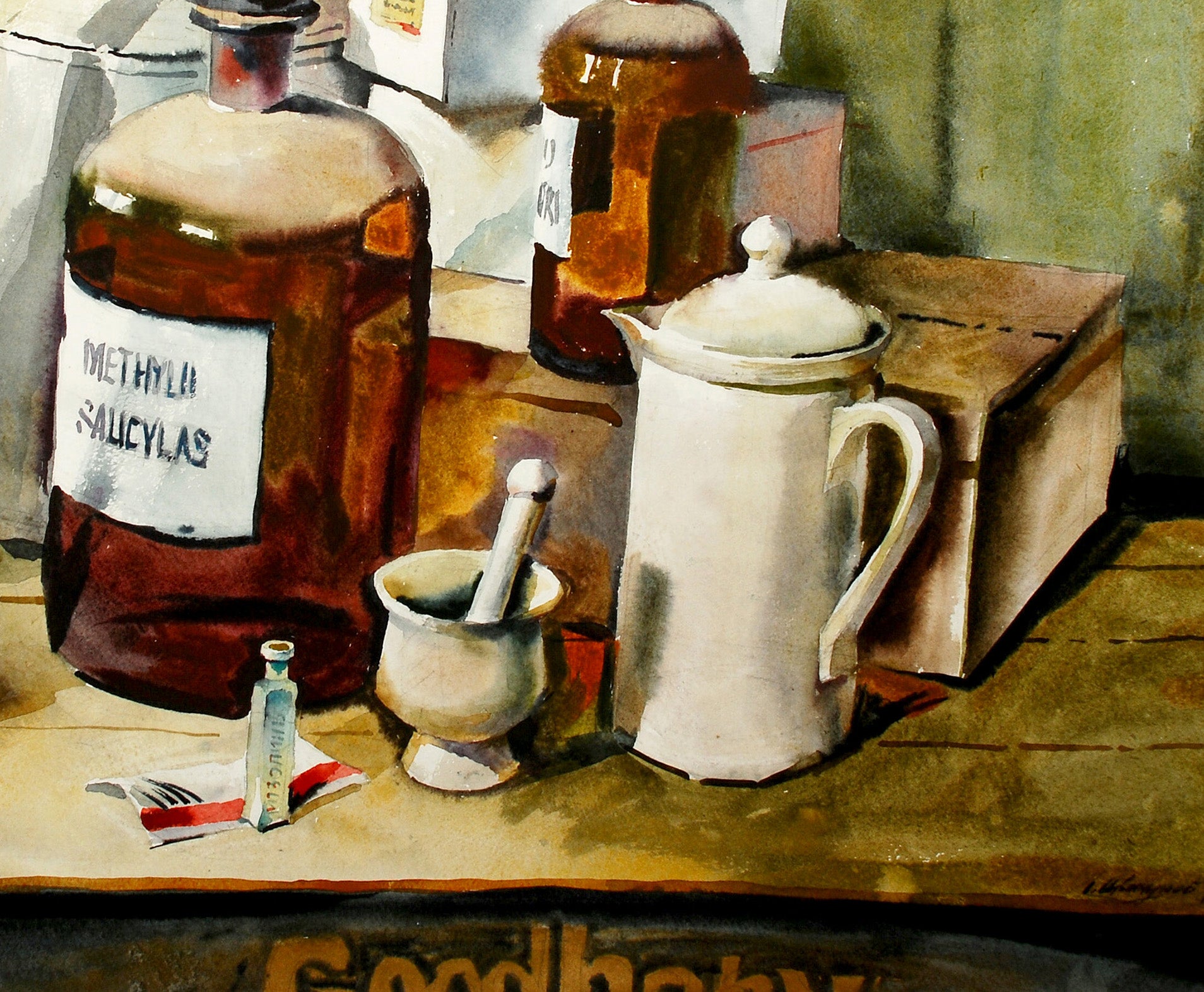 Watercolor painting by Egor Shvachunov of apothecary bottles on rustic table