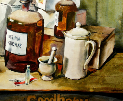 Watercolor painting by Egor Shvachunov of apothecary bottles on rustic table