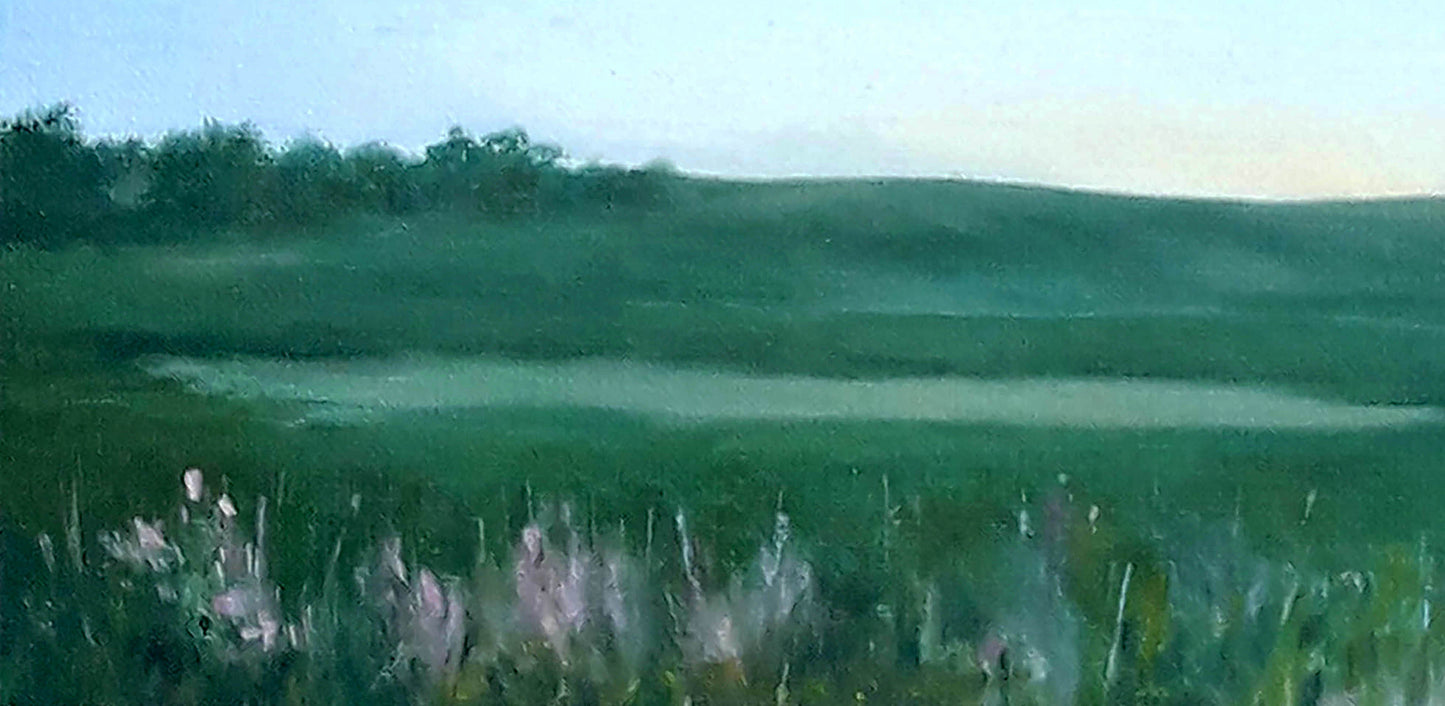 Serene Dnieper outskirts oil painting by Korkishko Vasily with hills, lake, wildflowers