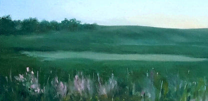 Serene Dnieper outskirts oil painting by Korkishko Vasily with hills, lake, wildflowers