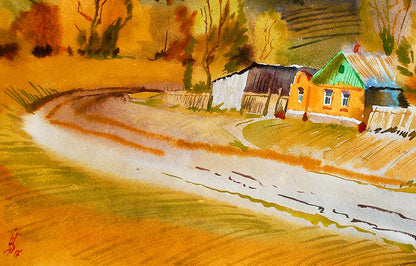 Watercolor painting of yellow house with green roof by Egor Shvachunov