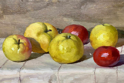 Oil painting of ripe yellow and red apples by unknown artist
