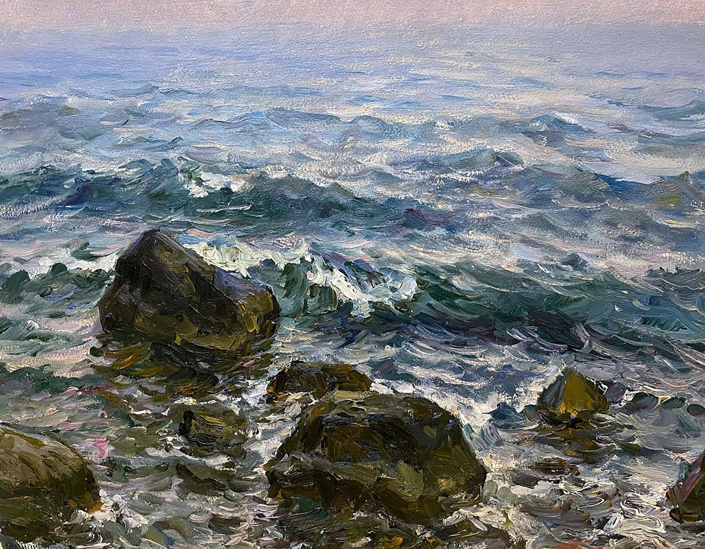 Textured oil painting of turbulent waves crashing on mossy rocks by Surf Basov Yakov Aleksandrovich
