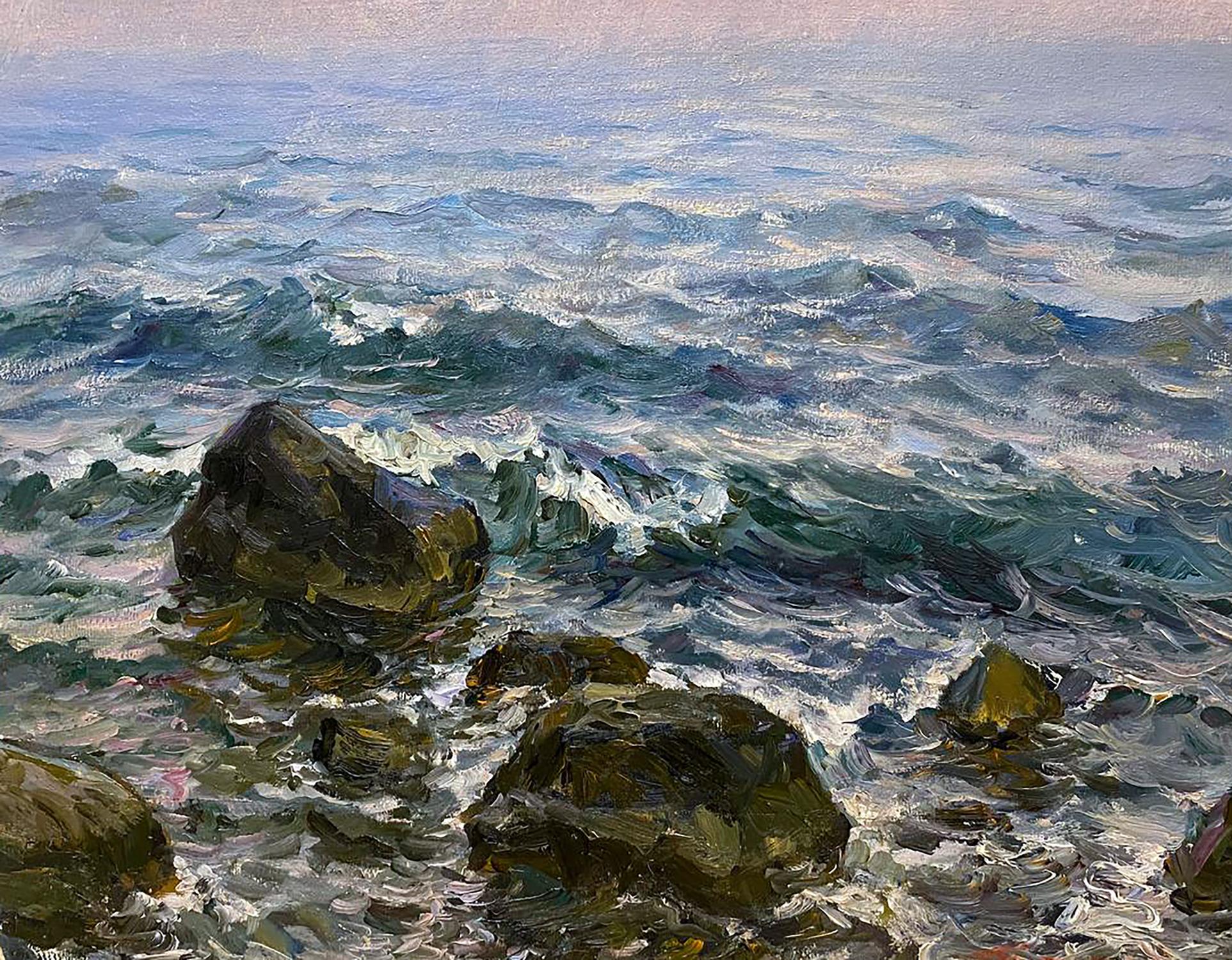 Textured oil painting of turbulent waves crashing on mossy rocks by Surf Basov Yakov Aleksandrovich