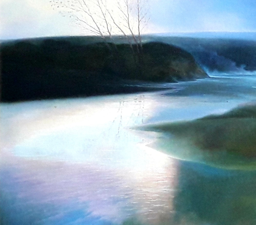 Serene impressionistic oil painting Freshet by Korkishko Vasily, river reflecting sunlight
