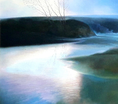 Serene impressionistic oil painting Freshet by Korkishko Vasily, river reflecting sunlight