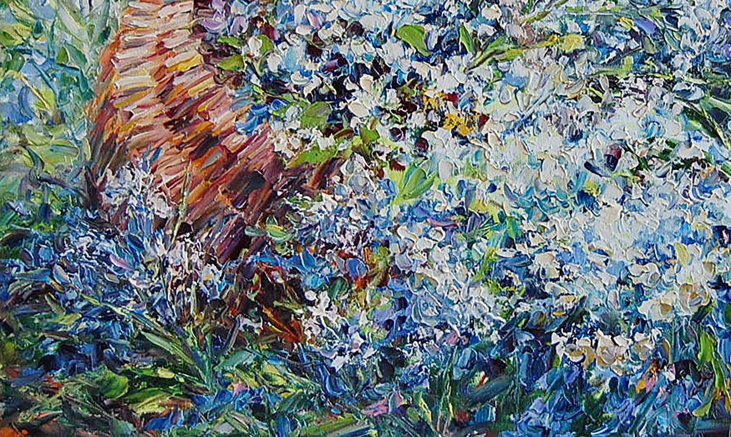 Oil painting by Artim Olga: textured basket of vibrant blue and white flowers