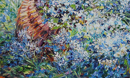 Oil painting by Artim Olga: textured basket of vibrant blue and white flowers