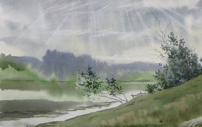 Watercolor painting River Rural landscape 
