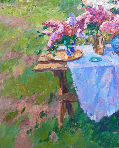 Oli painting Spring Village landscape  rural yard   Pereta Vyacheslav