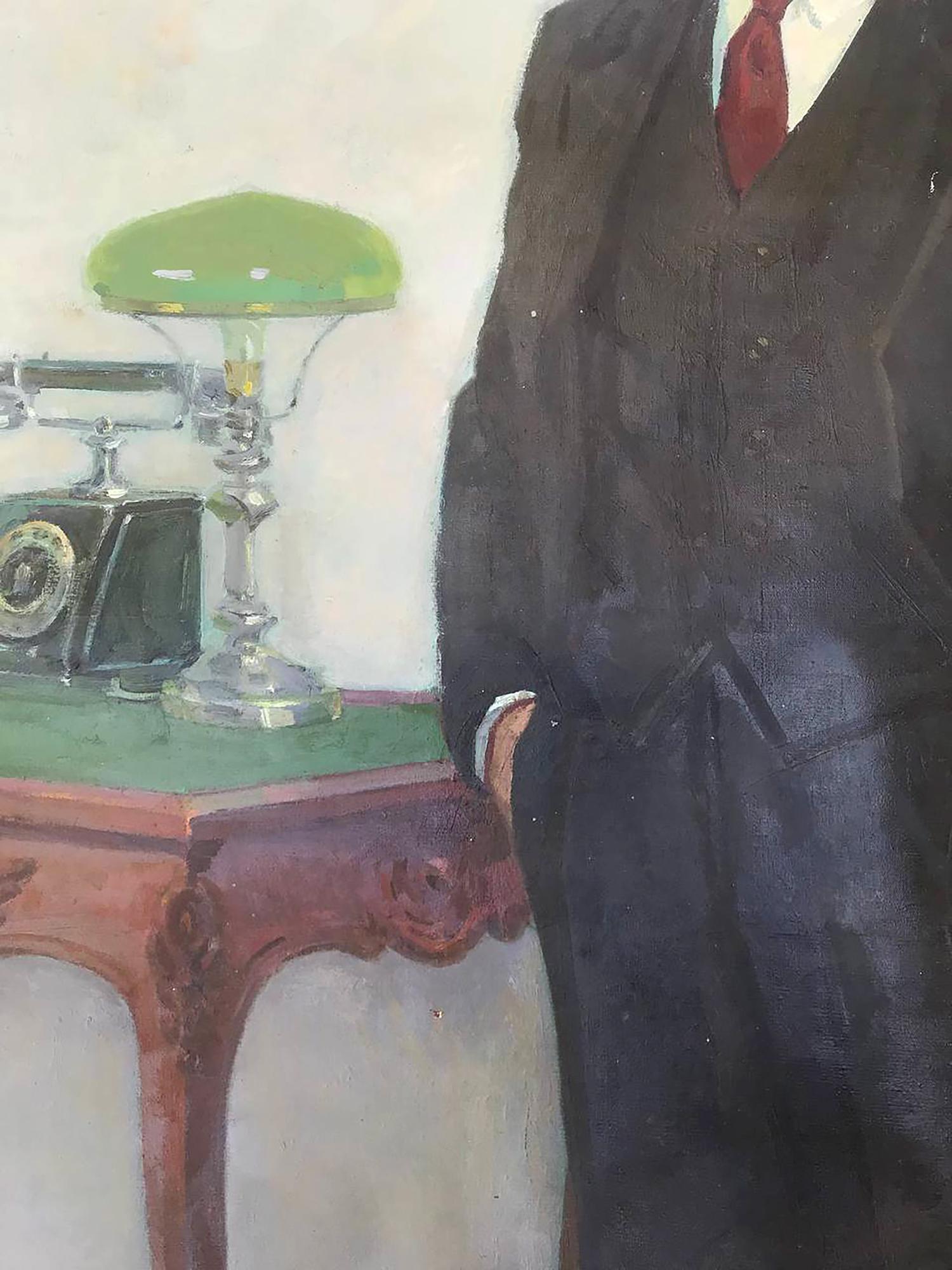 Oil painting portrait of Lenin Bilan Petr Ilyich with vintage green lamp on ornate table