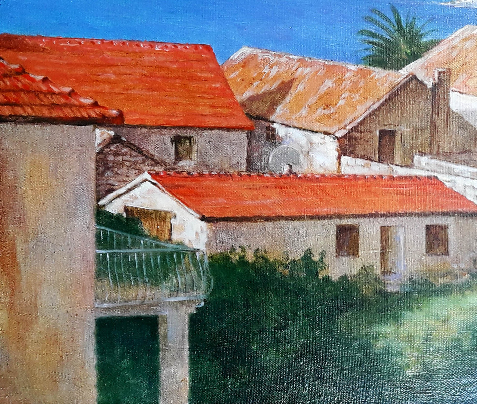 Vibrant oil painting of Vasily Korkishko villas by the sea, rustic Mediterranean houses