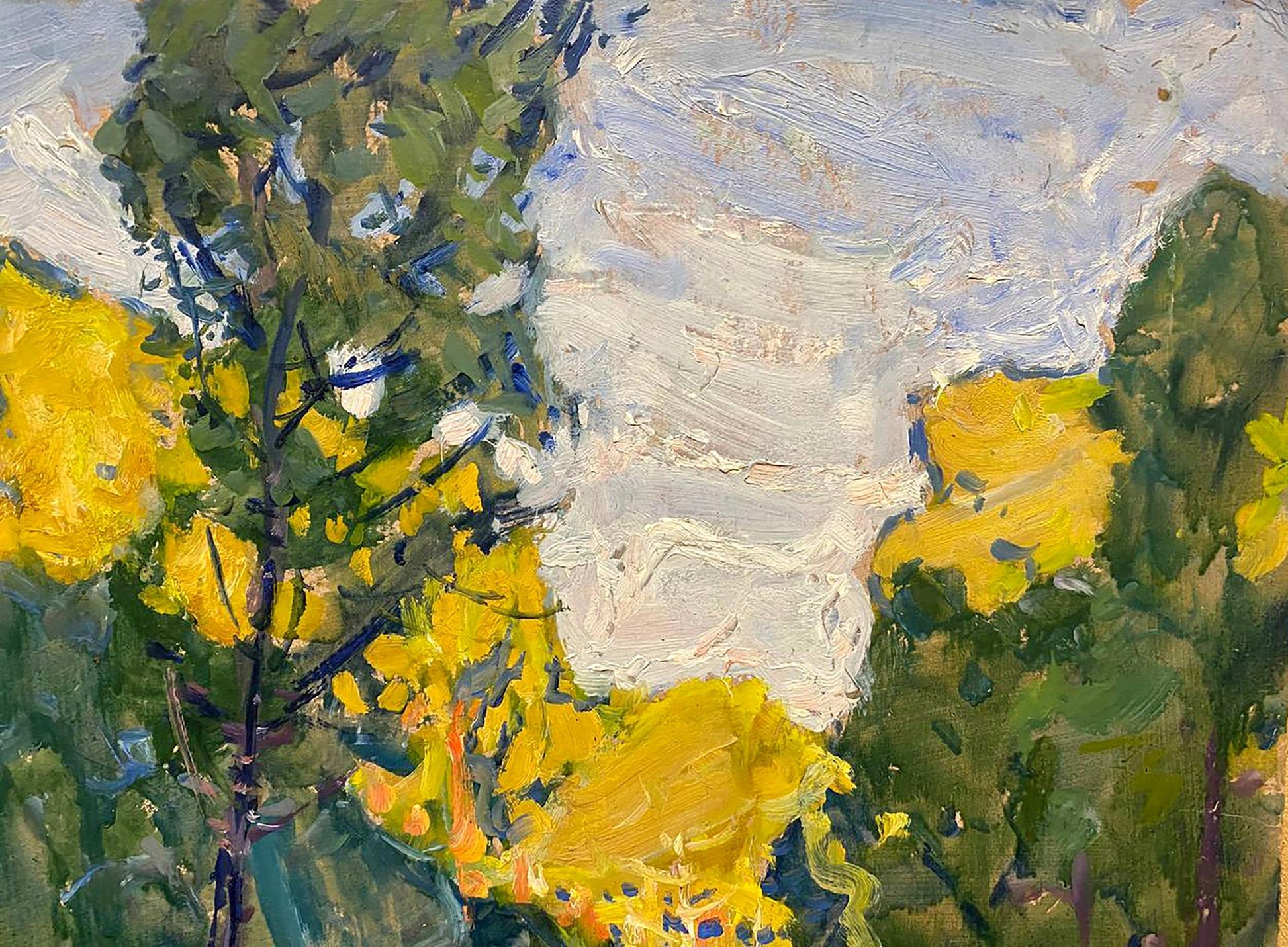 Vibrant yellow flowers in lush green foliage, Early autumn by Kolosovsky Georgy Sergeevich oil painting