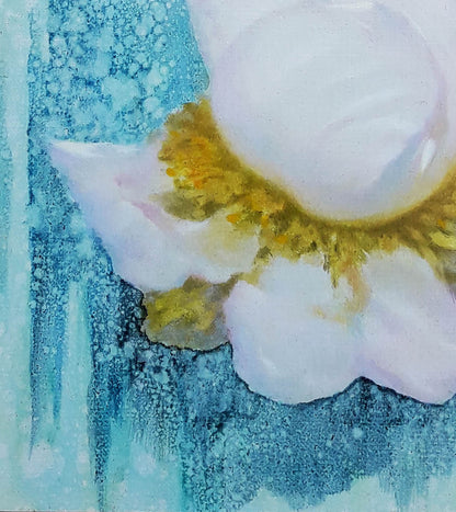 Delicate white flower oil painting by Vasily Korkishko on turquoise background