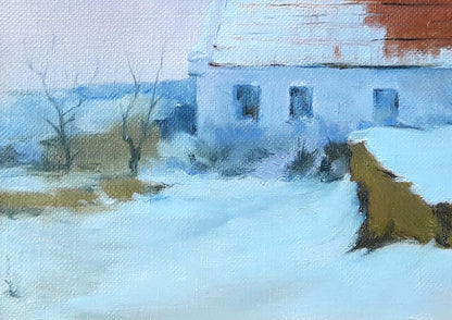 Oil painting of snowy house with red roof by Vasily Korkishko