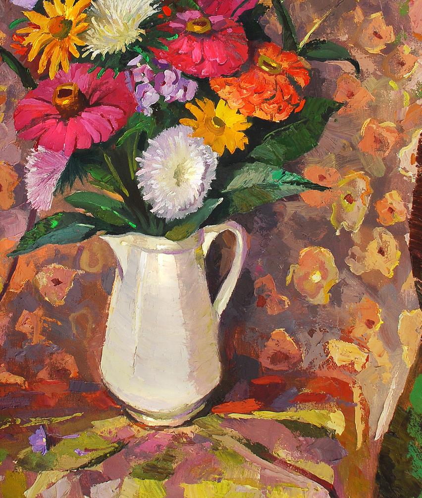 Oil painting of still life with white ceramic pitcher of colorful flowers by Egor Shvachunov