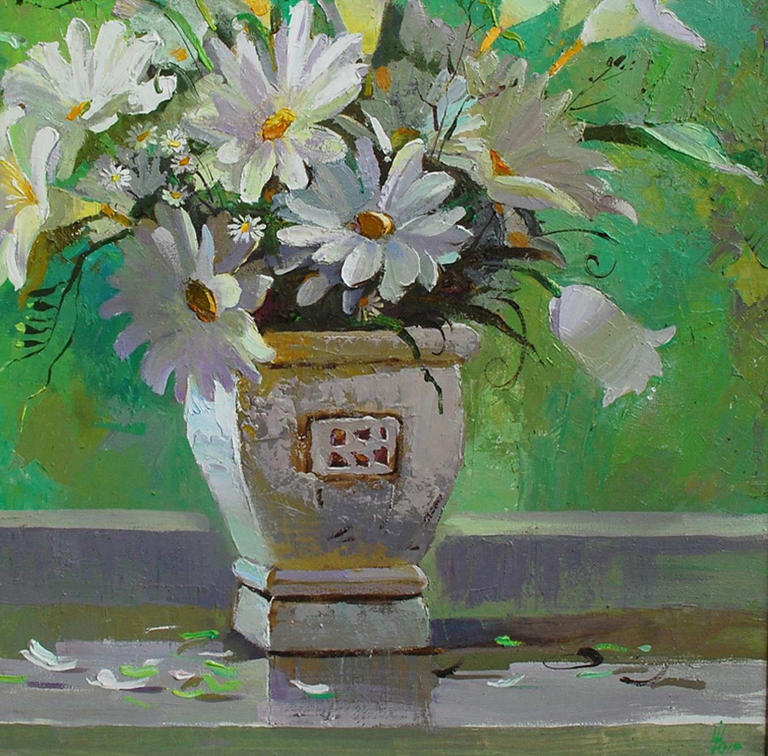 Oil painting of daisies in weathered stone urn by Egor Shvachunov