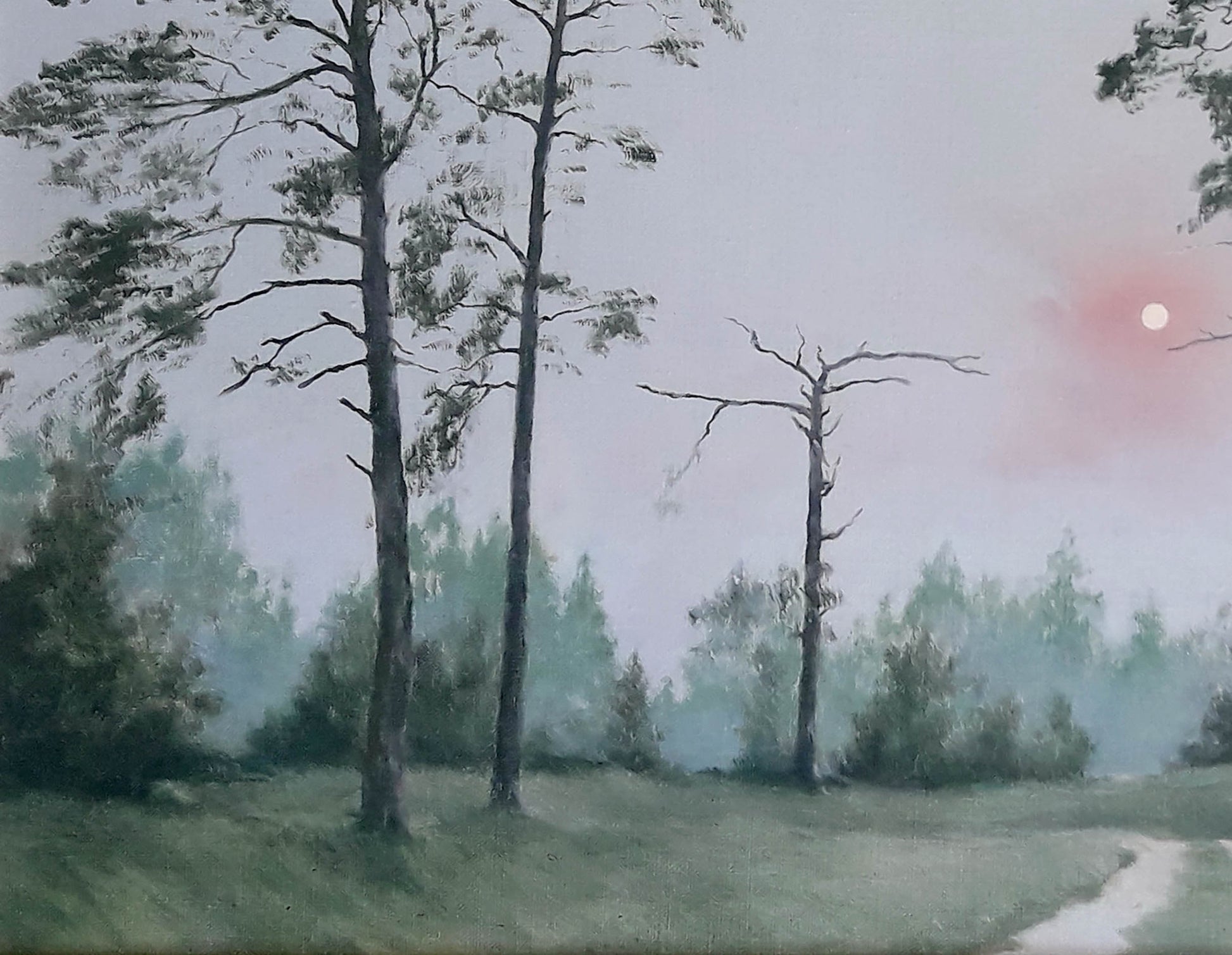 Oil painting Daylight Korkishko Vasily serene pine trees misty sunset sky