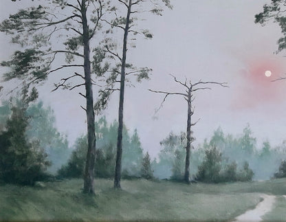 Oil painting Daylight Korkishko Vasily serene pine trees misty sunset sky