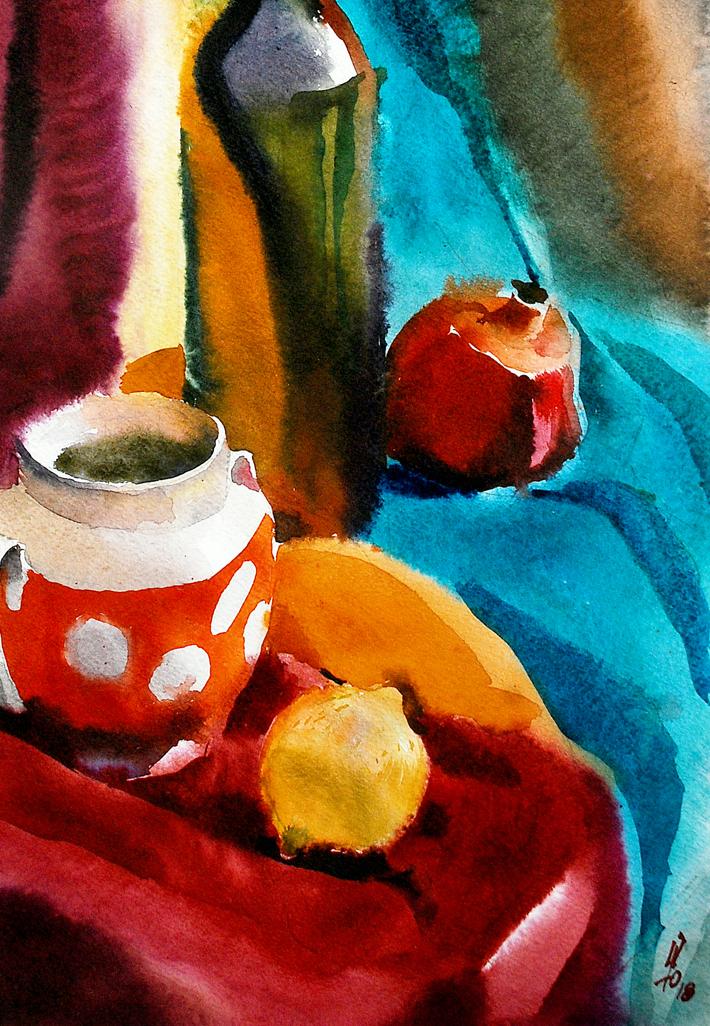 Watercolor tea and fruit still life with polka-dot jar by Egor Shvachunov