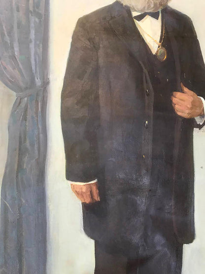 Dark navy wool overcoat on Karl Marx in oil painting by Bilan Petr Ilyich
