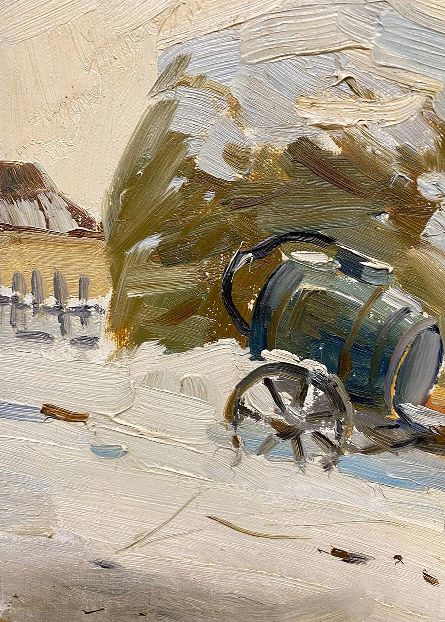 Oil painting of blue-green ceramic jug with black handle and wooden wheels on snow