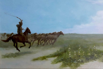 Oil painting by Korkishko Vasily: rider herding horses to watering hole