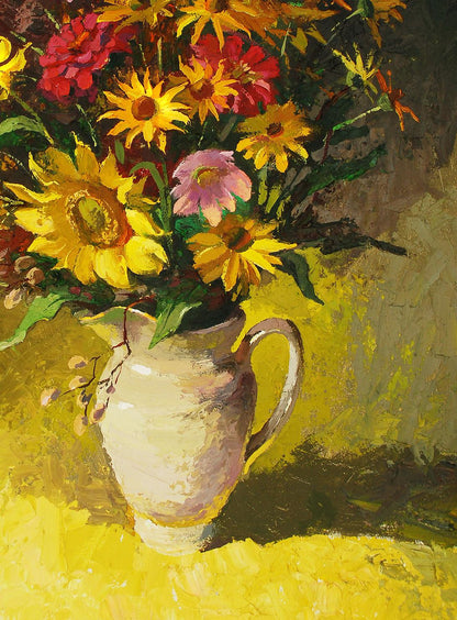 Oil painting of creamy ceramic pitcher with vibrant sunflower bouquet by Egor Shvachunov