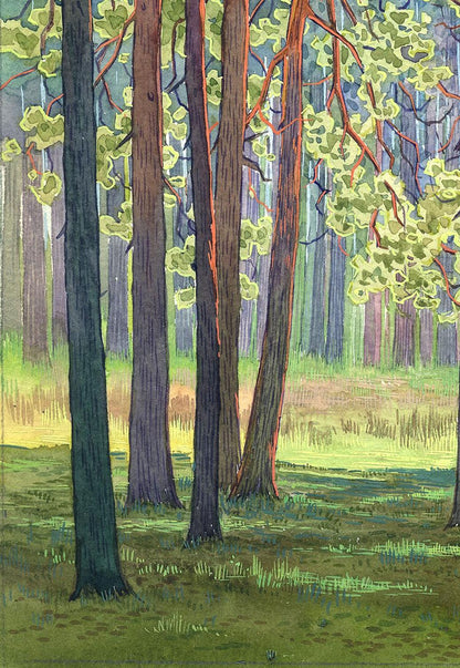 A watercolor scene of verdant woods by Savenets Valery.