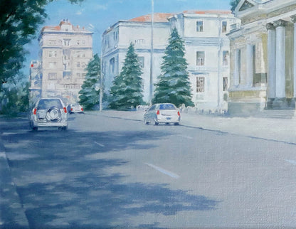 Serene Dnipro museum street by Korkishko Vasily, impressionist oil painting