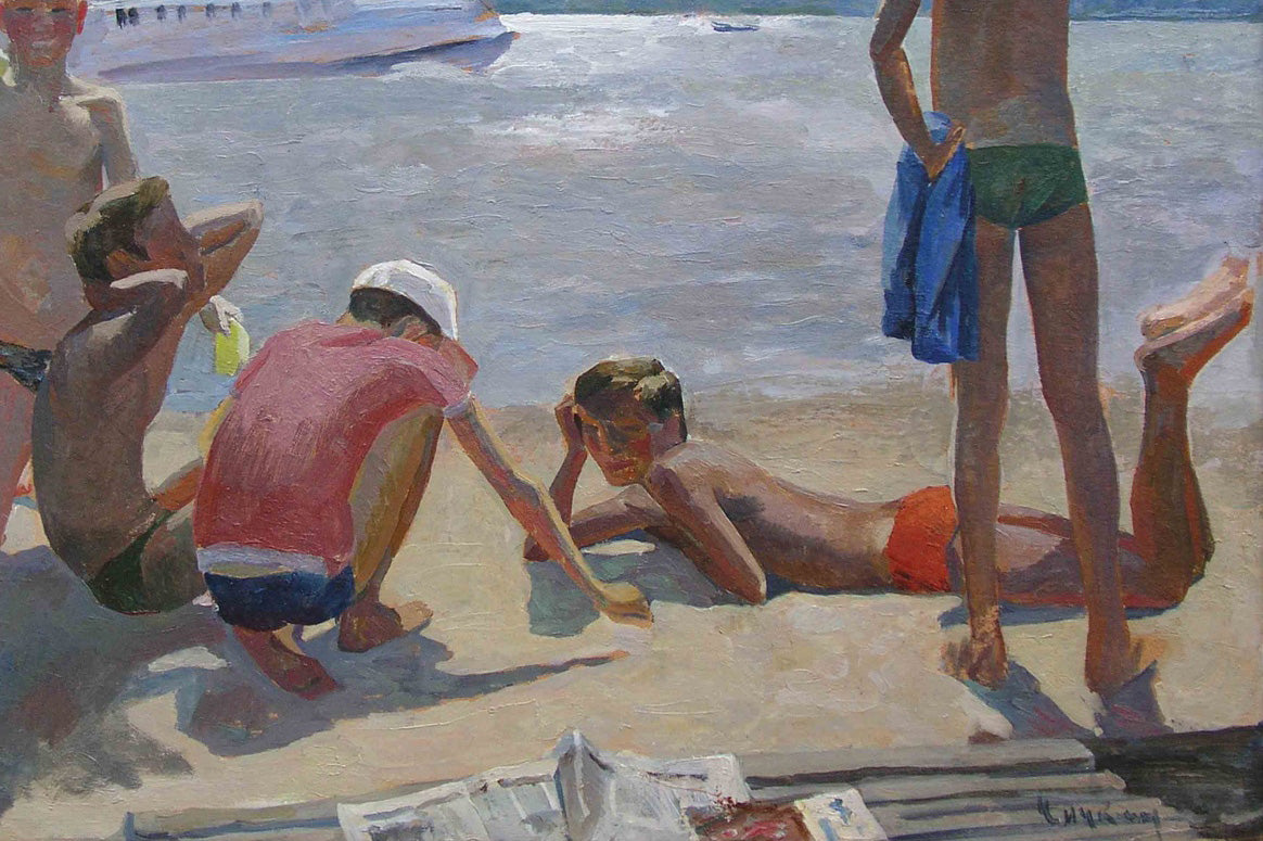 Oil painting of sun-kissed boy in orange trunks on beach, Hydropark Chichkan by Leonid Illich
