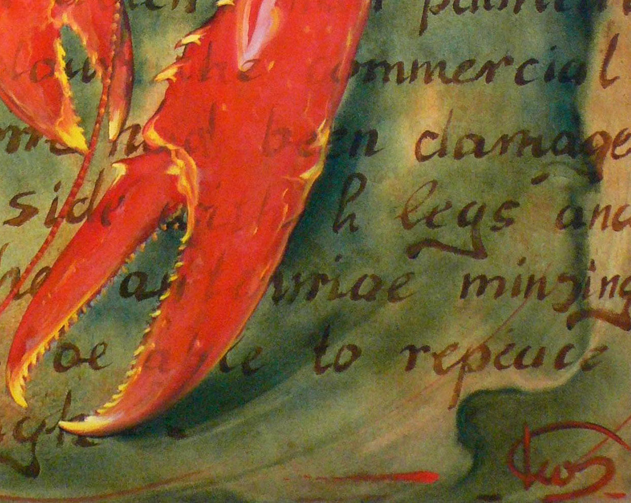 Oil painting by Korkishko Vasily: vibrant red lobster claw on parchment
