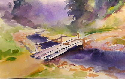 Watercolor painting of rustic wooden bridge over dark blue water by Serdyuk Boris Petrovich №SERB 680