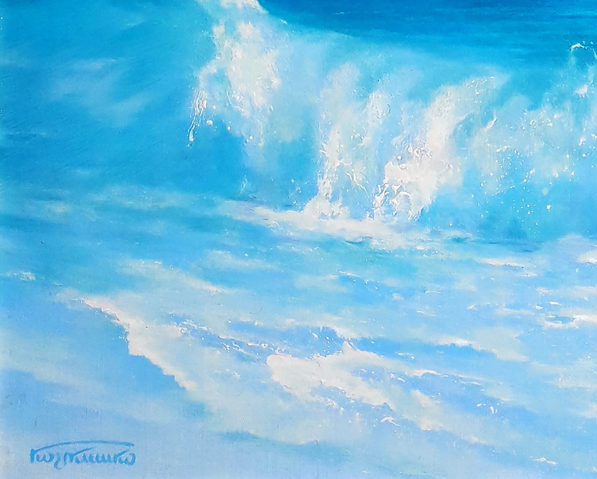 Vibrant blue ocean wave by Korkishko Vasily, impressionistic oil painting