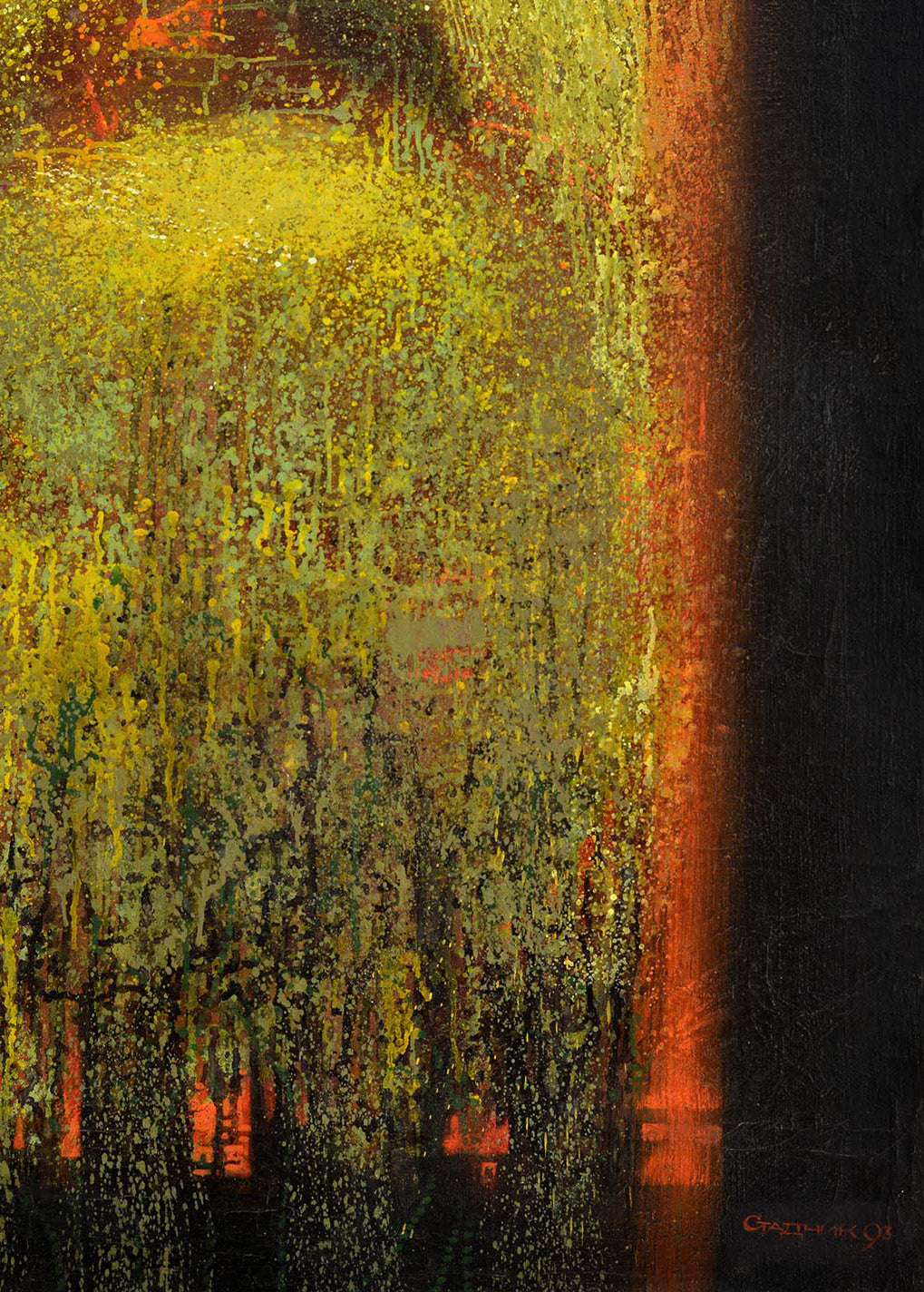 Abstract oil painting Way to Yourself by Stadnik Vladimir, textured yellow green orange on dark background
