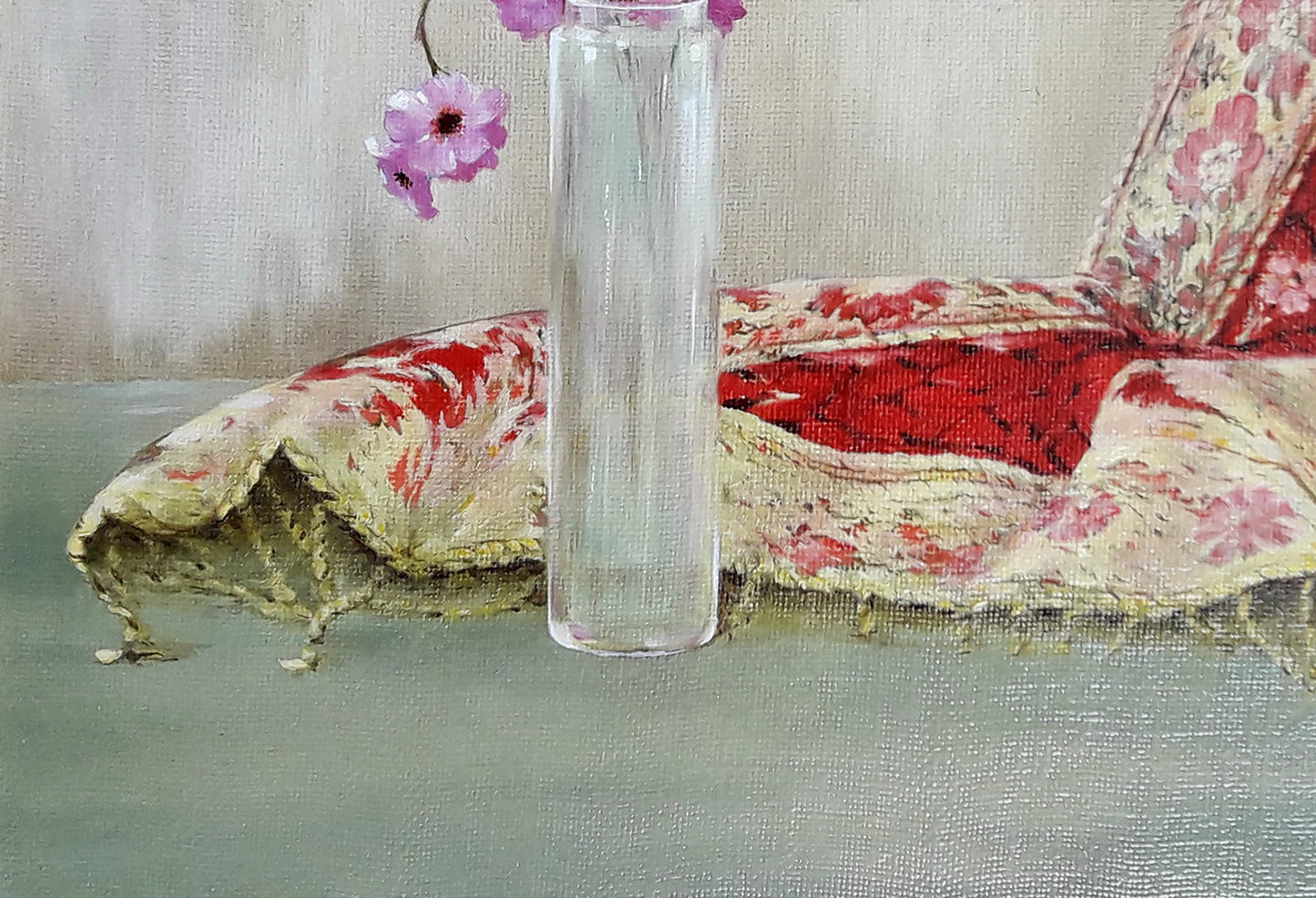 Oil painting of single purple flower in tall glass vase by Korkishko Vasily