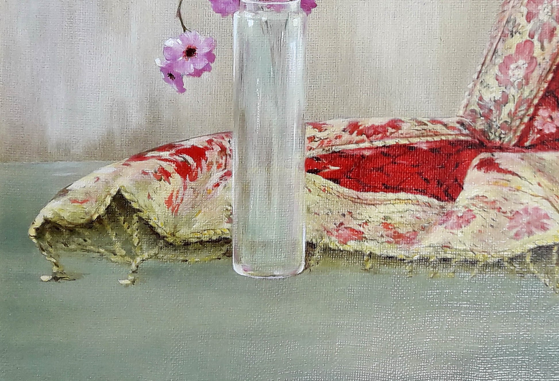 Oil painting of single purple flower in tall glass vase by Korkishko Vasily