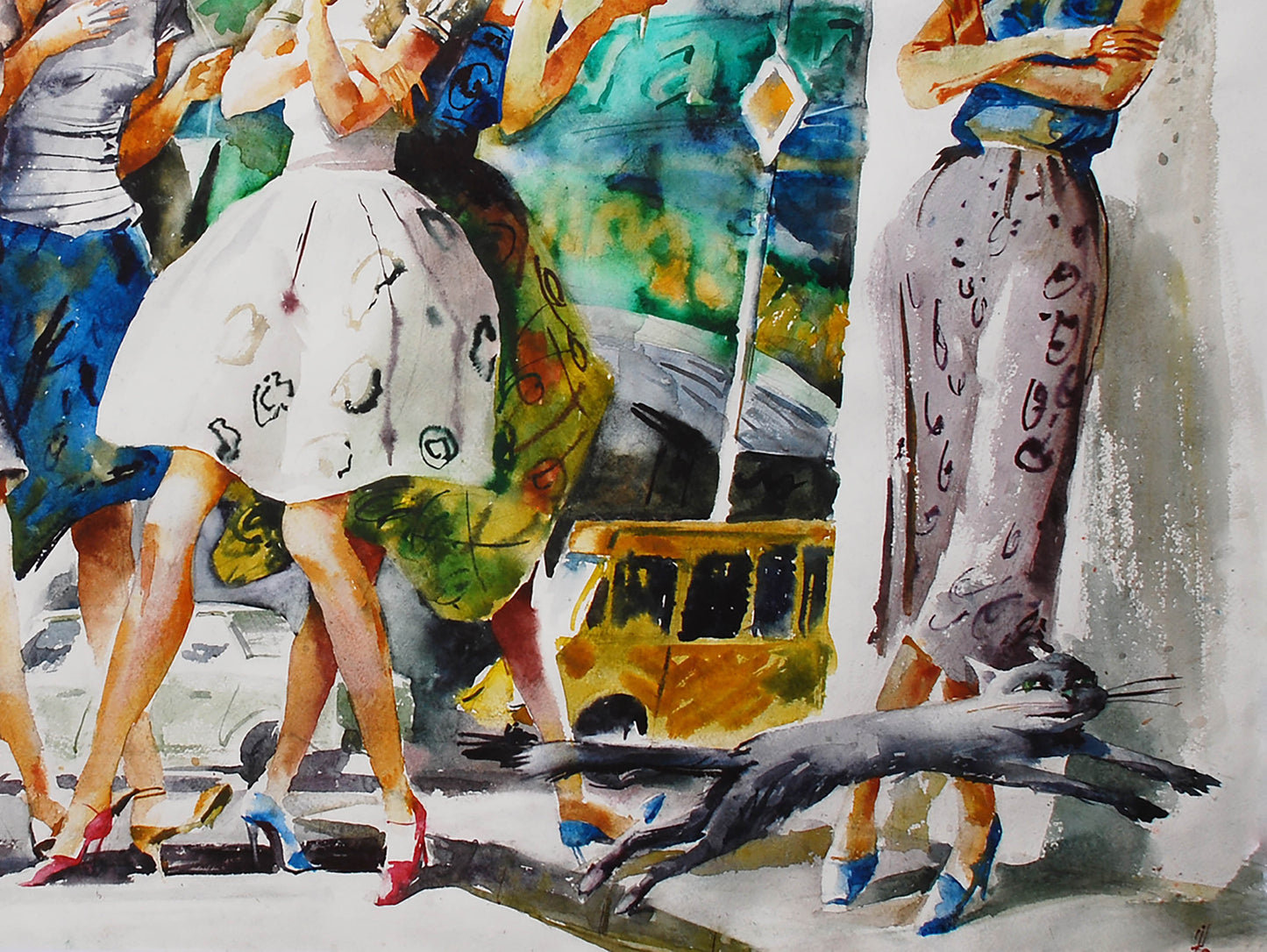 Watercolor painting of gray cat leaping across crosswalk by Egor Shvachunov