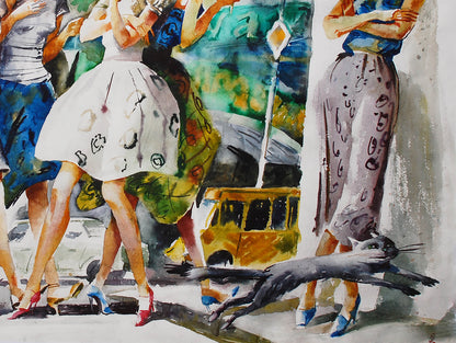 Watercolor painting of gray cat leaping across crosswalk by Egor Shvachunov