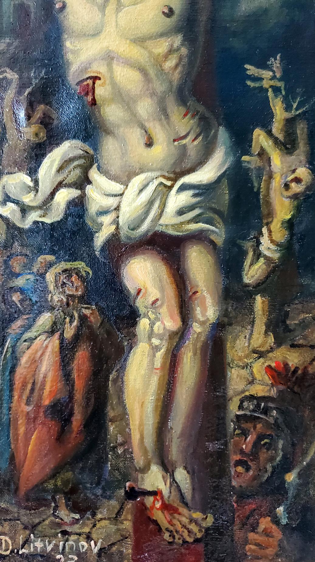 Oil painting Crucifixion and faith by Daniil Litvinov, pale crucified figure