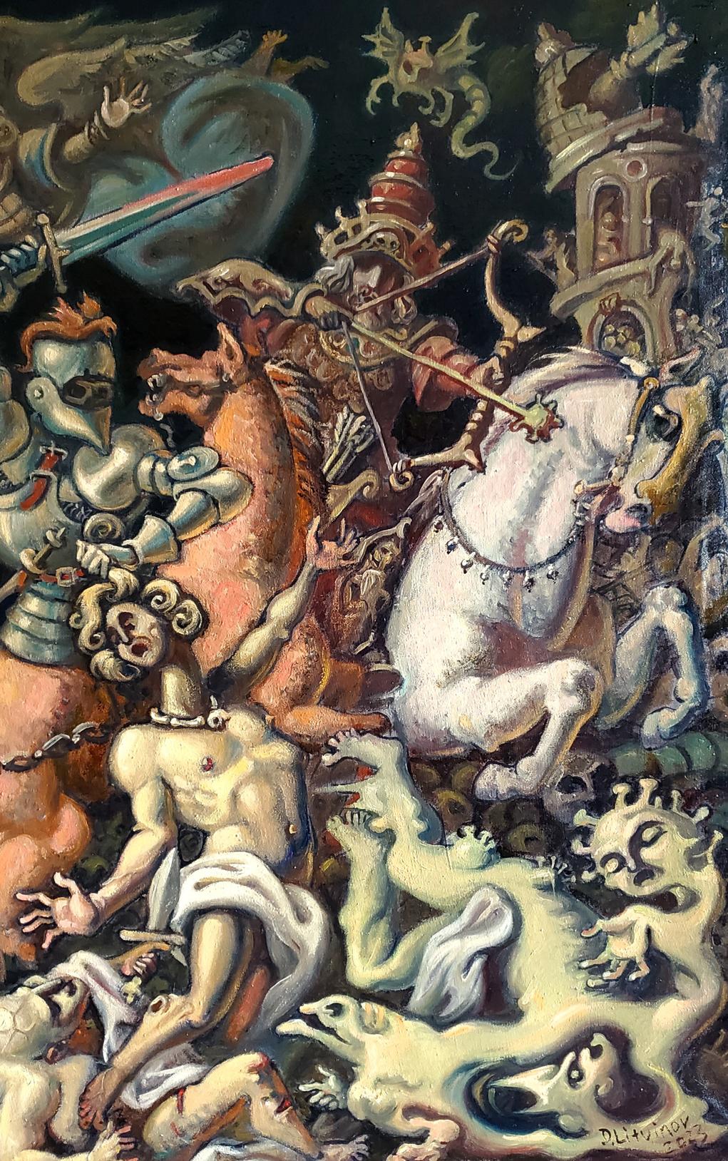 Vibrant surrealist oil painting of chaotic knight battle by Litvinov Daniil Olegovich