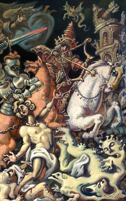Vibrant surrealist oil painting of chaotic knight battle by Litvinov Daniil Olegovich