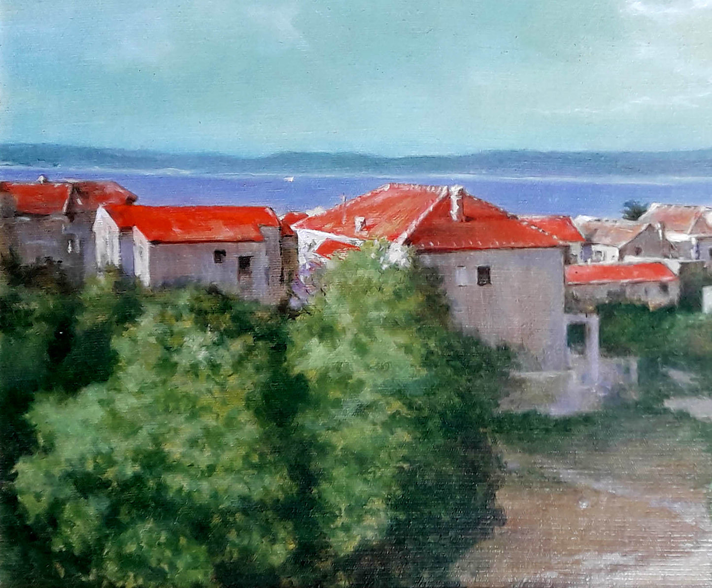 Oil painting Sunny day Korkishko Vasily: stone houses with red roofs by sea