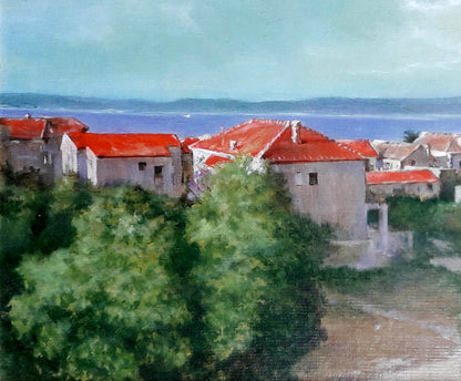 Oil painting Sunny day Korkishko Vasily: stone houses with red roofs by sea