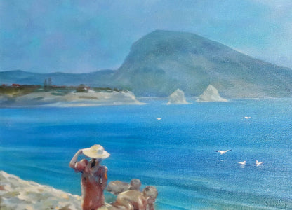 Serene oil painting by Korkishko Vasily: woman in hat by vibrant sea
