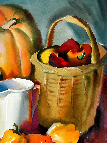 Watercolor still life painting of woven basket with colorful bell peppers by Egor Shvachunov