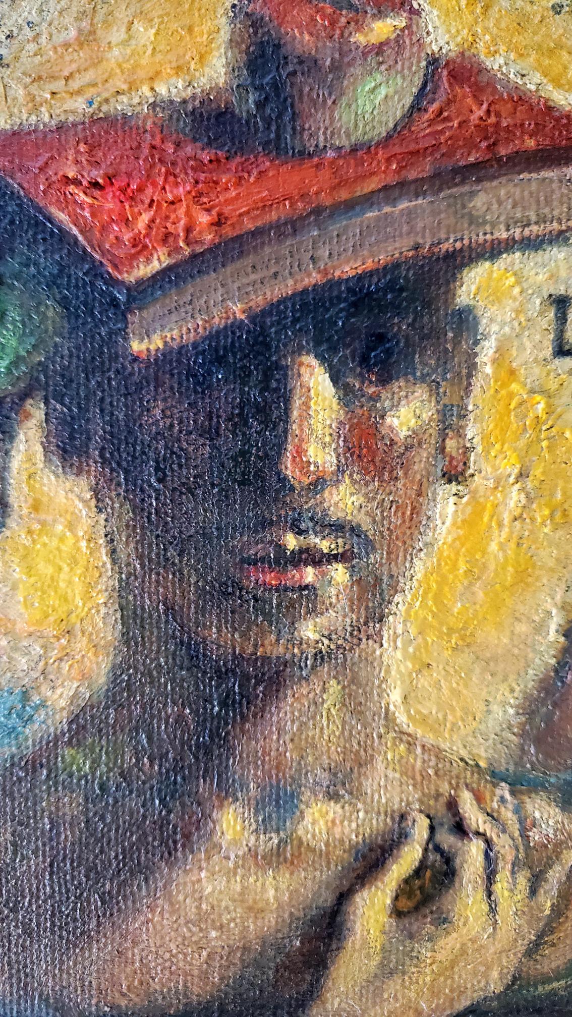 Oil painting self-portrait by Litvinov Daniil Olegovich: woman in wide-brimmed red hat