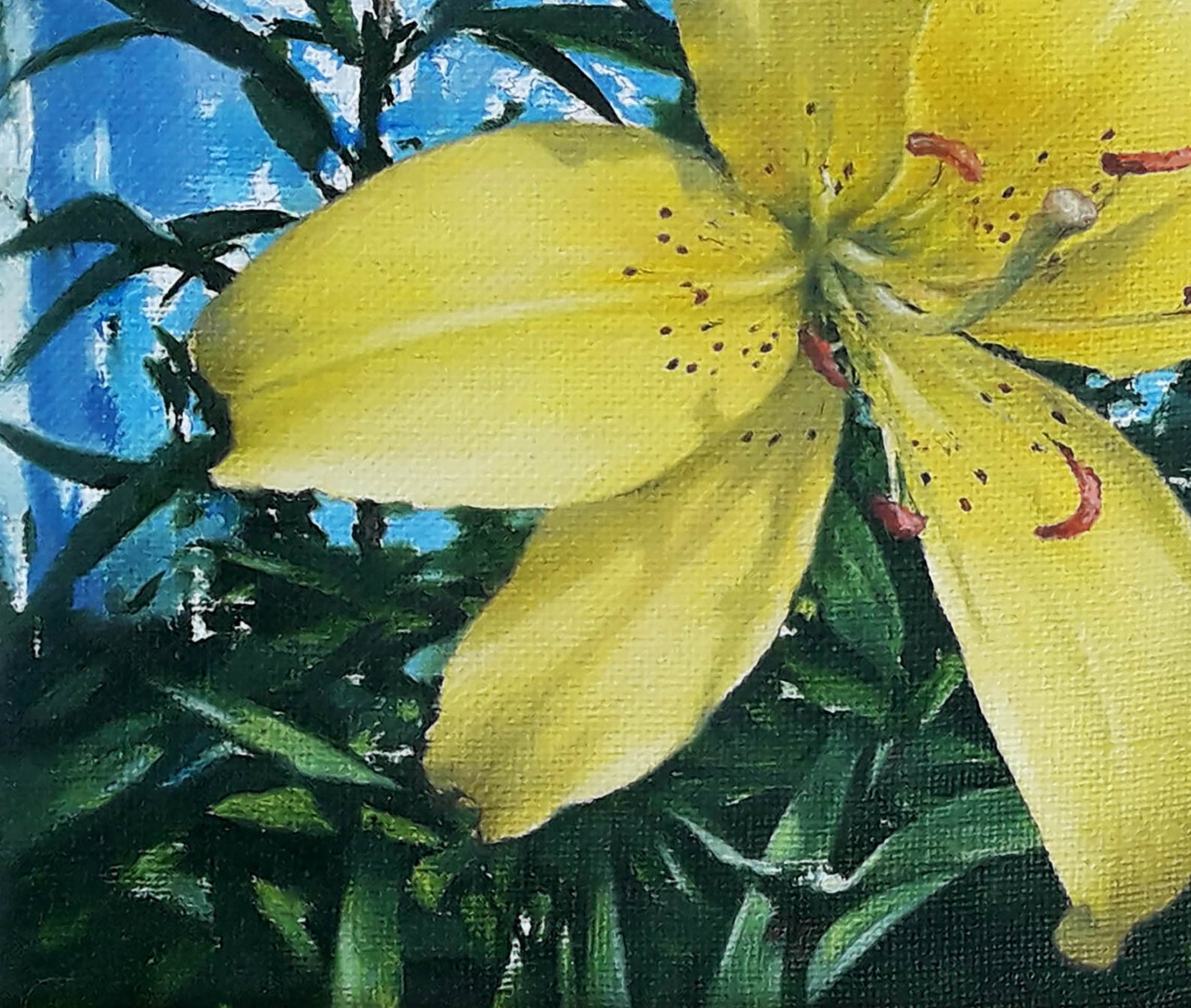 Vibrant yellow day-lily oil painting by Vasily Korkishko with speckled petals