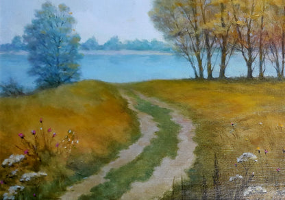 Oil painting Autumn by Korkishko Vasily: path to lake in golden grasslands