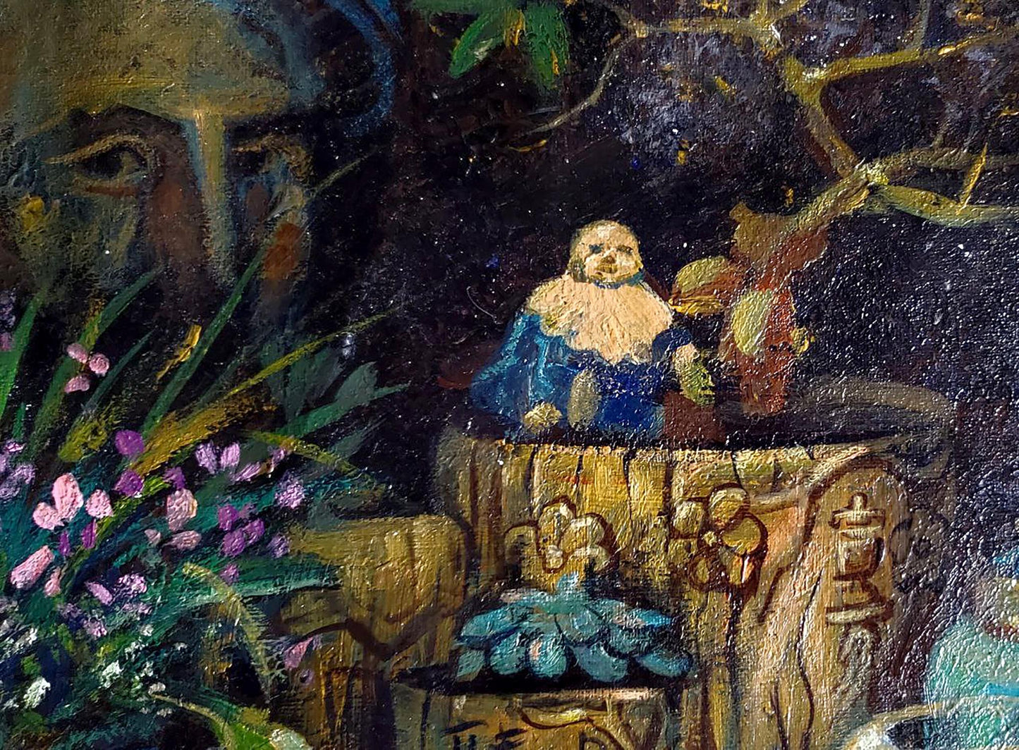 Chubby white-bearded figurine in blue robe on pedestal, Litvinov oil painting